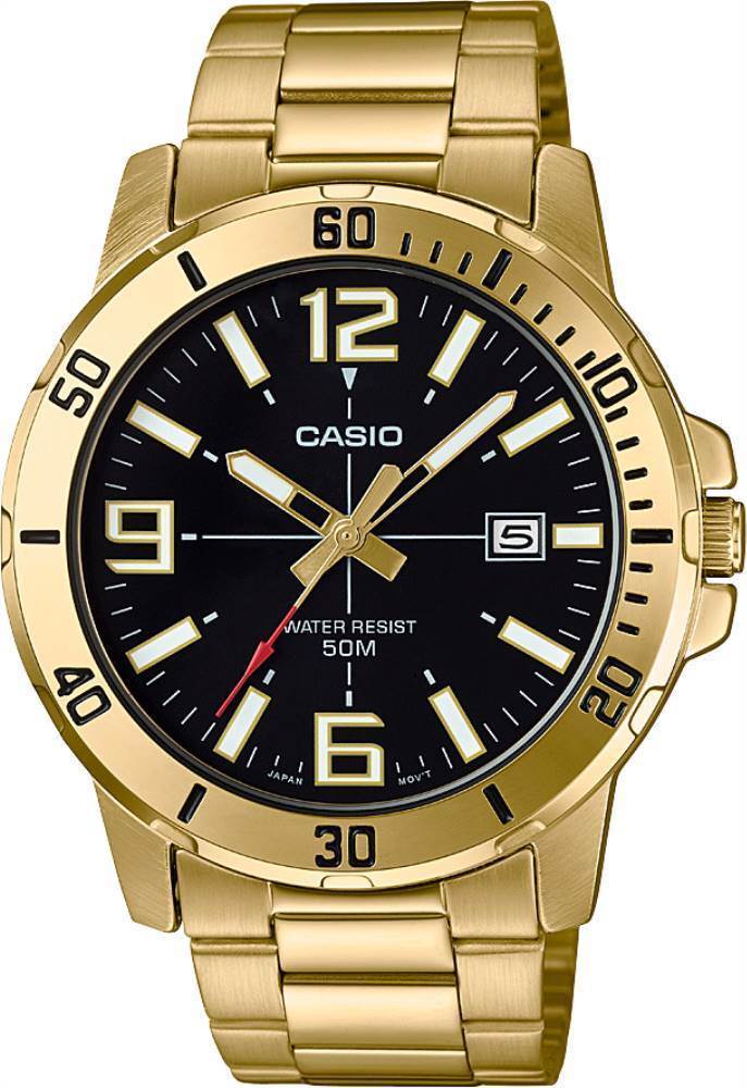 Casio MTP-VD01G-1BVUDF altın erkek saat, siyah kadranlı klasik model