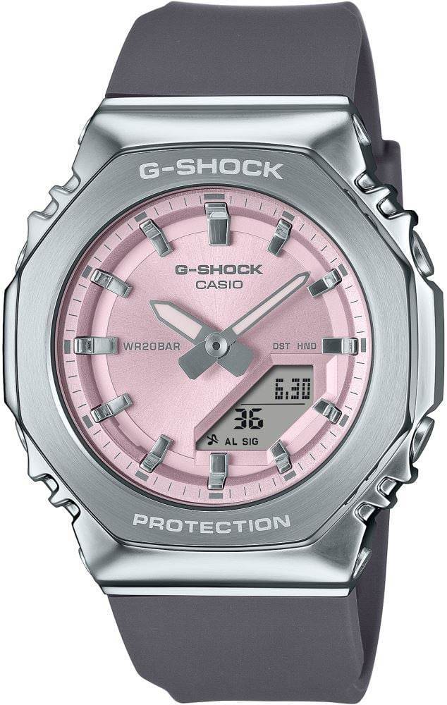 Casio GM-S2110-4ADR sekizgen metal çerçeveli G-Shock saat pembe kadran